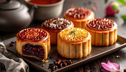 Traditional Chinese Mooncakes With Red Bean Filling And Intricate Patterns Displayed On A Dark Tray With Tea And Flowers In A Cozy Indoor Setting