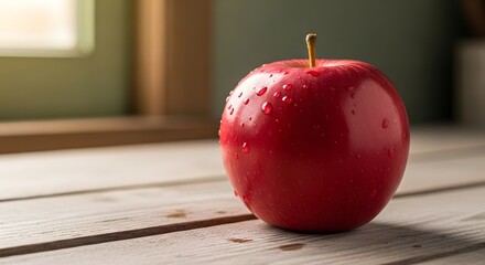 Close up of a single red apple on a wooden tabletop with water droplets