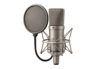 Professional condenser studio microphone with pop filter, recording clear sound for music and podcasting with transparent background