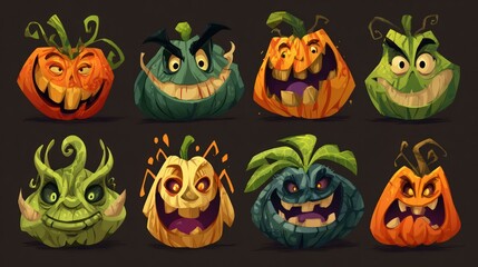 Fototapeta premium Collection of jack-oa??-lantern characters with expressive Halloween designs