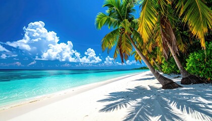 Tropical Paradise White Sand Beach with Lush Green Palm Trees and Turquoise Ocean Under a Bright Blue Sky with Fluffy White Clouds