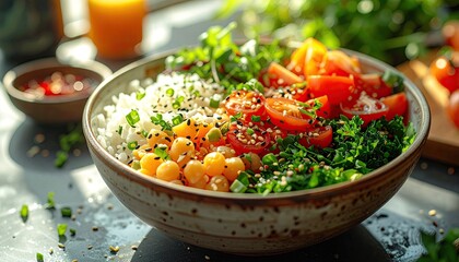 Vibrant Healthy Grain Bowl Packed With Chickpeas Cherry Tomatoes Fresh Greens and Sesame Seeds Bathed in Soft Natural Sunlight