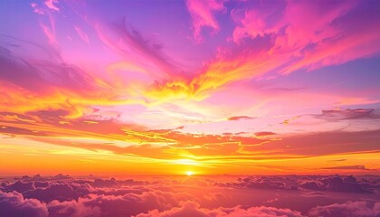 Vibrant Sunset Sky Painted with Fiery Hues of Orange Pink and Purple Clouds Above a Distant Horizon illuminated by the Setting Sun
