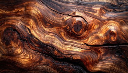 Close up macro shot of dark weathered wood grain with intricate swirling patterns and natural cracks illuminated by soft lighting