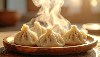 Steaming Hot Dumplings Arranged on a Wooden Plate with Soft Golden Hour Lighting