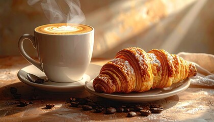 Steaming Hot Coffee and Freshly Baked Croissant on a Rustic Wooden Table with Scattered Coffee Beans and Powdered Sugar in Warm Sunlight