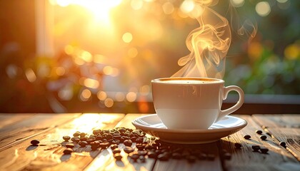 Steaming White Coffee Cup on a Rustic Wooden Table with Scattered Coffee Beans in Golden Morning Sunlight