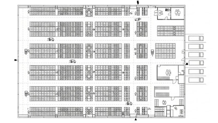 Black Line Illustration of Warehouse Layout – Shelving, Loading Areas, Workflow Zones, and Industrial Floor Plan