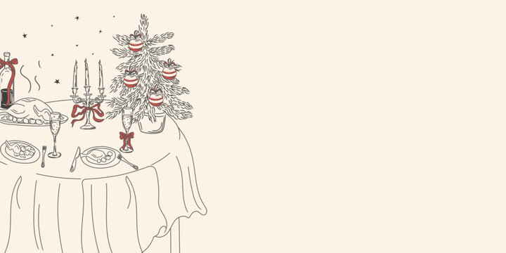 A minimalist poster featuring a Christmas table and decorations.An illustration of a table set with food, drinks,a Christmas tree, and candles.A hand-drawn New Years invitation with doodle elements.