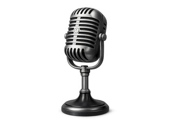 Vintage microphone on stand, broadcasting sound and music, representing podcasting and radio communication