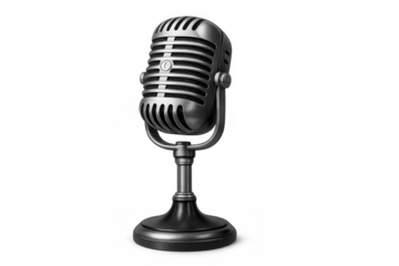 Vintage microphone on stand, broadcasting sound and music, representing podcasting and radio communication