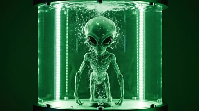Grey alien creature in a green glowing futuristic scientific containment tank, extraterrestrial experiment in laboratory tube.