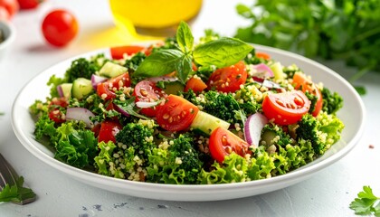 Fresh salad with kale, tomatoes, cucumber, and red onion.
