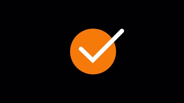 Animation of a white checkmark icon in a orange circle. On a black background. The checkmark, yes, or OK symbol is white in a orange circle.