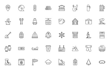 Ski resort icon set. Vector illustration. Includes smbols for skiing, snowboar, cable car, snowflake, hoel, cabin, winter clothes nd more. Editable stroke.