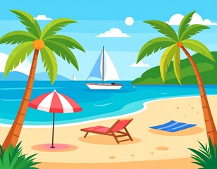 Obraz premium A vibrant, cartoon illustration of a sunny beach scene with palm trees, blue waters, a sailboat, and beach accessories
