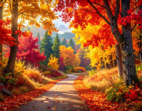 Autumnal path through vibrant forest - Powered by Adobe