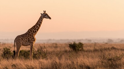 Obraz premium A lone giraffe gracefully poses in the evening light, surrounded by tall grasses and distant trees, showcasing the beauty of the African savanna.