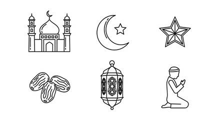 Set of Islamic Line Icons Mosque, Crescent Moon, Dates, Lantern, and Praying Man.