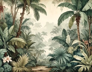 A lush, serene jungle scene with various tropical plants and foliage