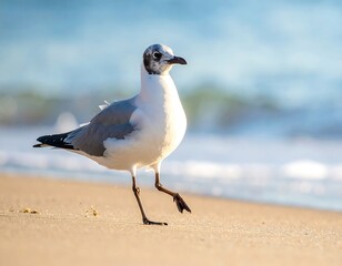 Fototapeta premium A seagull, walking on a sandy beach, with ocean waves in the background, bathed in soft, golden sunlight