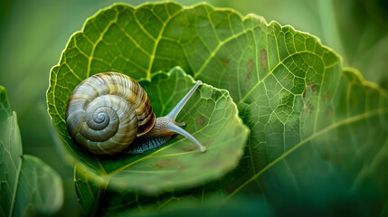 Snail on a green leaf