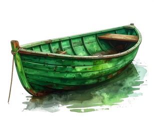 A vibrant, aged wooden rowboat, painted a bright green, rests gently in watercolor-styled water against a white background