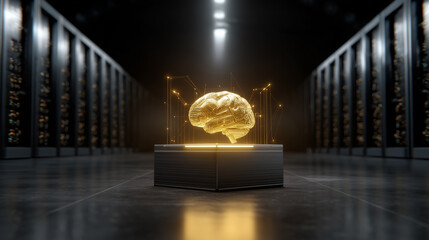 Futuristic Golden Brain in Tech Environment Represents Artificial Intelligence, Data Processing, and Advanced Technology Concepts