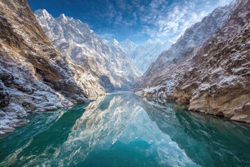 Serene mountain lake reflecting snowy peaks