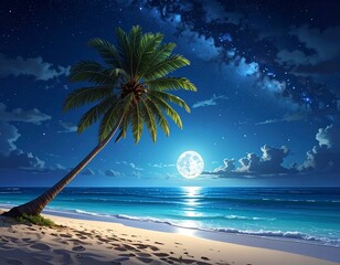 Tropical night scene with a full moon over the ocean