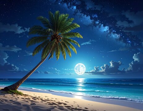 Tropical night scene with a full moon over the ocean