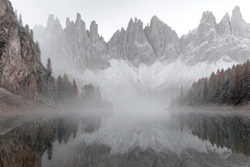 Misty alpine lake reflecting jagged peaks