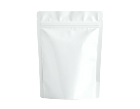 An upright, white, glossy pouch with a zipper closure, ready for product packaging