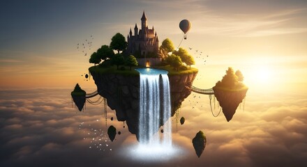 Fantasy landscape featuring a floating island with castle waterfall and sky balloons