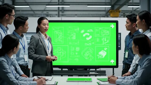 Green Screen modern industrial factory meeting confident female engineer uses interactive mock up whiteboard makes report to a group of engineers managers scene 2 with distortion, overlay, glitch