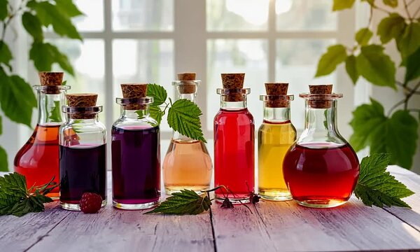 Assortment of Glass Bottles Filled with Colorful Liquids on a Wooden Table Keywords: bottles, glass, liquid, colorful, red, purple, yellow, pink, clear