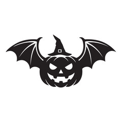 Pumpkin wearing witch hat with bat wings silhouette vector
