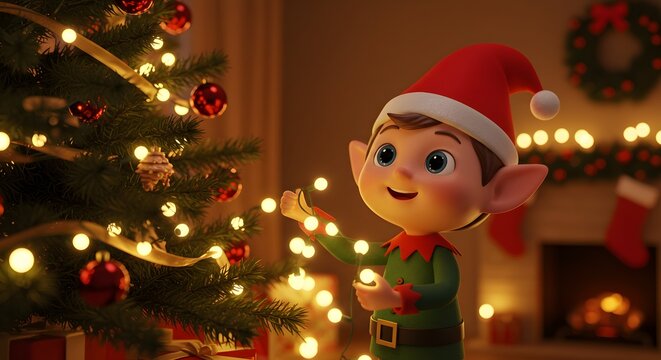 Cute Christmas elf decorating a festive tree with sparkling lights in a cozy holiday home interior scene