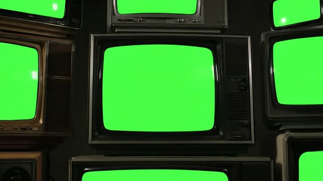 Green Screen stacked vintage television dolly in you can replace with the footage or picture want do it lkeyingr effect after effects 4k scene 2 distortion, overlay, glitch, static noise, scan lines