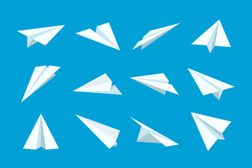 Fototapeta premium Paper Plane Vector Set — Flat Origami Airplane Icons on Blue Background