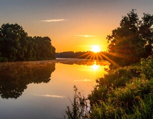 Obraz premium A serene river reflects the golden glow of the rising sun, framed by lush greenery. The warm light bathes the scene in tranquility