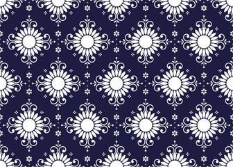 Seamless white mandalas on dark blue background, ethnic fabric pattern, Portuguese style, design for cloth, carpet, batik, wallpaper, wrapping etc.