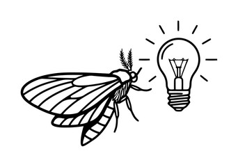 Minimalist Moth Drawn to Glowing Light Bulb Vector Art, Clean Lines, High Contrast