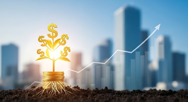 Golden money tree with dollar signs growing from coins on a city skyline background with a rising graph