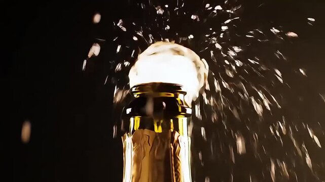 Champagne bottle popping with golden spark explosion