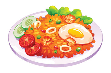 Nasi Goreng or Indonesian fried rice with shrimp, sunny-side-up egg, tomato, and cucumber served on a white plate. Vector cartoon illustration