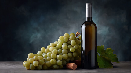 Obraz premium Elegant composition of green grapes next to an unopened wine bottle against a dark, atmospheric background showcasing the beauty of wine culture
