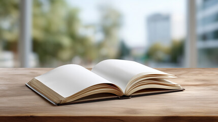 Open blank book on wooden table with blurred background showcasing natural light and urban scenery, perfect for creative projects and planning