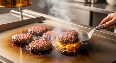 Sizzling beef hamburger patties cooking with intense flames and smoke on a hot commercial flat top grill, expertly flipped by a chef's hand with a metal spatula.