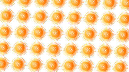 Fototapeta premium Seamless pattern background of repeated glowing orange sun or starburst shapes on a white backdrop, perfect for summer or energy themes.